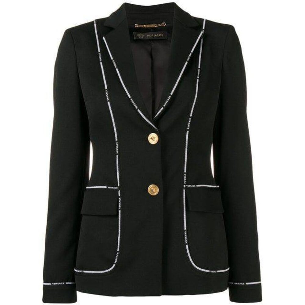Versace Black Wool Logo-Tape Blazer